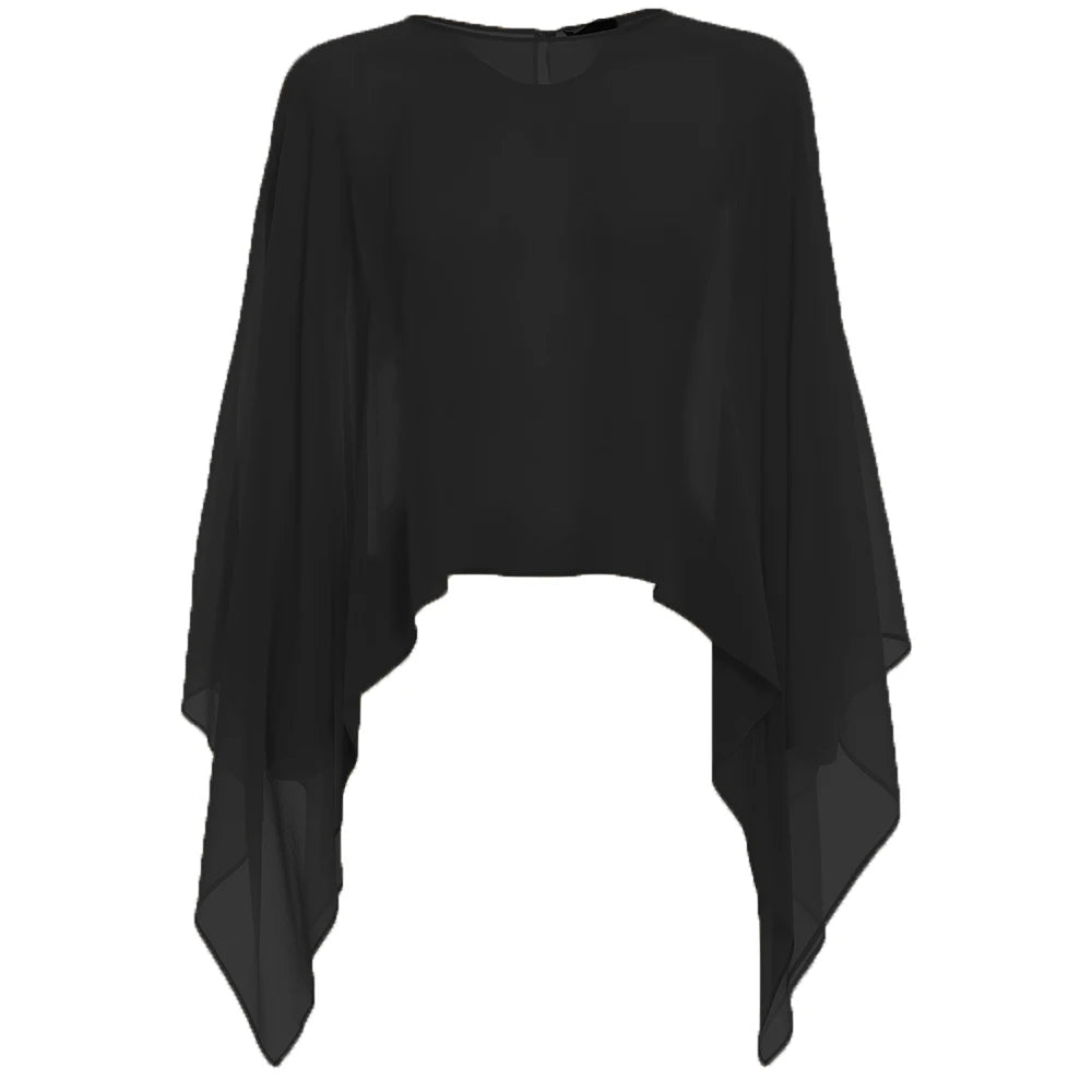 Women Black Chiffon Bolero Elegant Simple Soft Casual Cape Prom Party with Button Shrug for Lady Evening Dress Red Navy Shawl