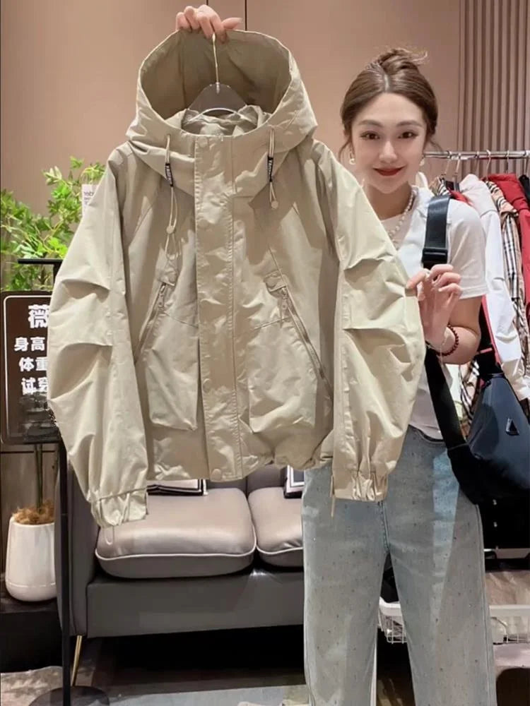 Stylish Women's Long Sleeve Hooded Jacket Spring Autumn Zipper Pocket Loose Baseball Style Windbreaker Outerwear Coat
