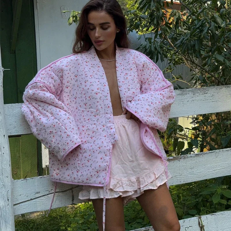 Floral Printed Women's Cardigan Cute Lace up Pink Women Coat Casual Loose Autumn Warm Coats Fashion New Ladies Coats Outerwear