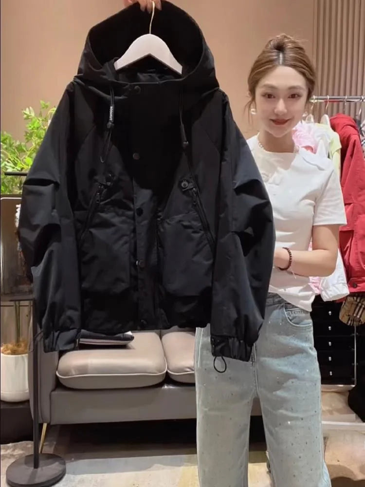Stylish Women's Long Sleeve Hooded Jacket Spring Autumn Zipper Pocket Loose Baseball Style Windbreaker Outerwear Coat