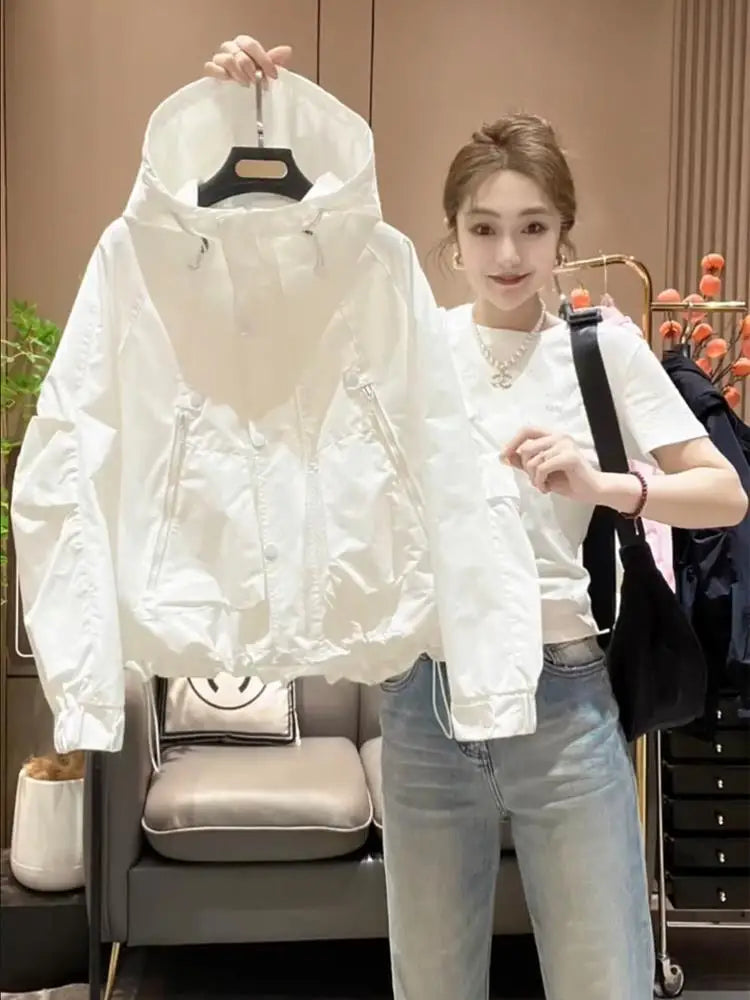Stylish Women's Long Sleeve Hooded Jacket Spring Autumn Zipper Pocket Loose Baseball Style Windbreaker Outerwear Coat