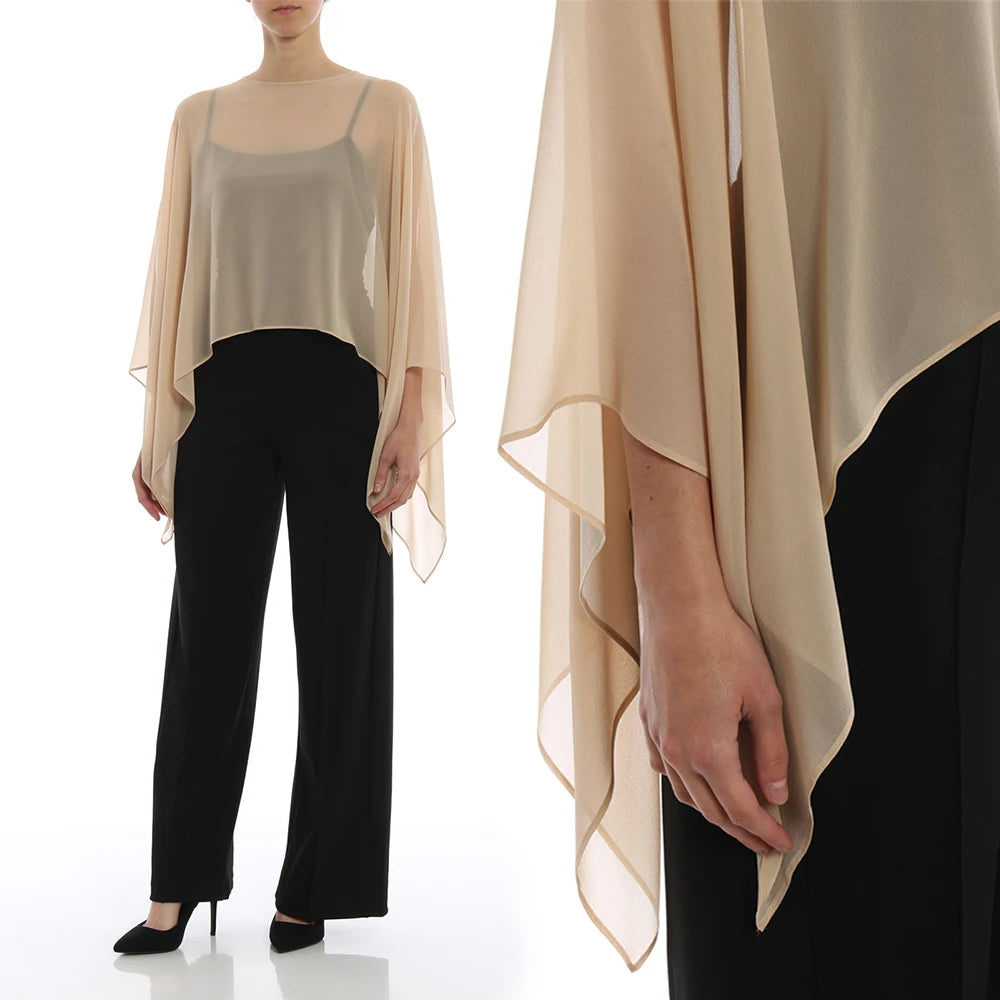 Women Black Chiffon Bolero Elegant Simple Soft Casual Cape Prom Party with Button Shrug for Lady Evening Dress Red Navy Shawl