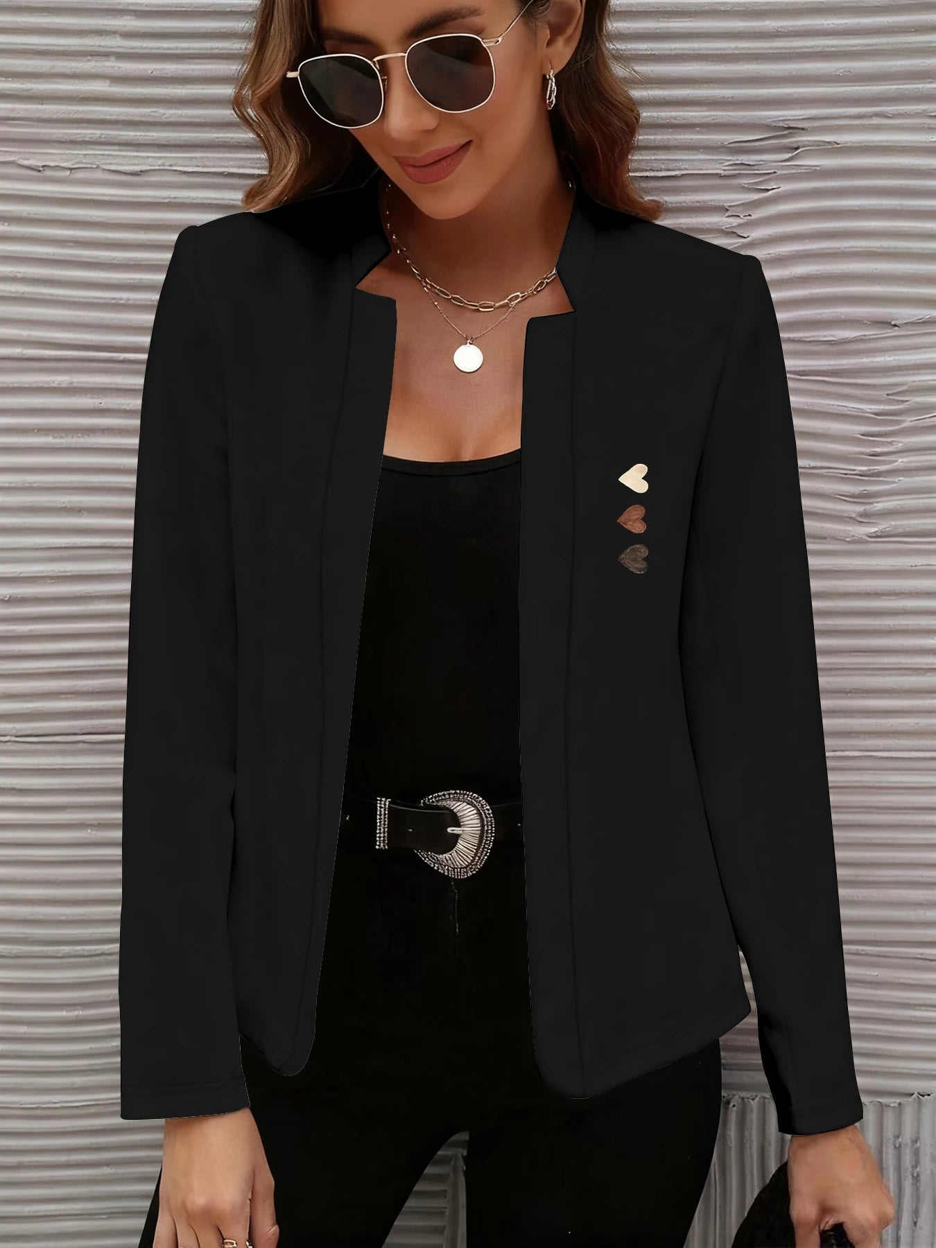 Fresh and Heartwarming Patterned Long-Sleeve Jacket, Slim-Fit Blazer, Sweet and Elegant for Commuting, Age-Reducing, Casual Stand-Collar Open-Front Blazer for Spring and Autumn, Suitable for Workplace, Office, Daily Outings,