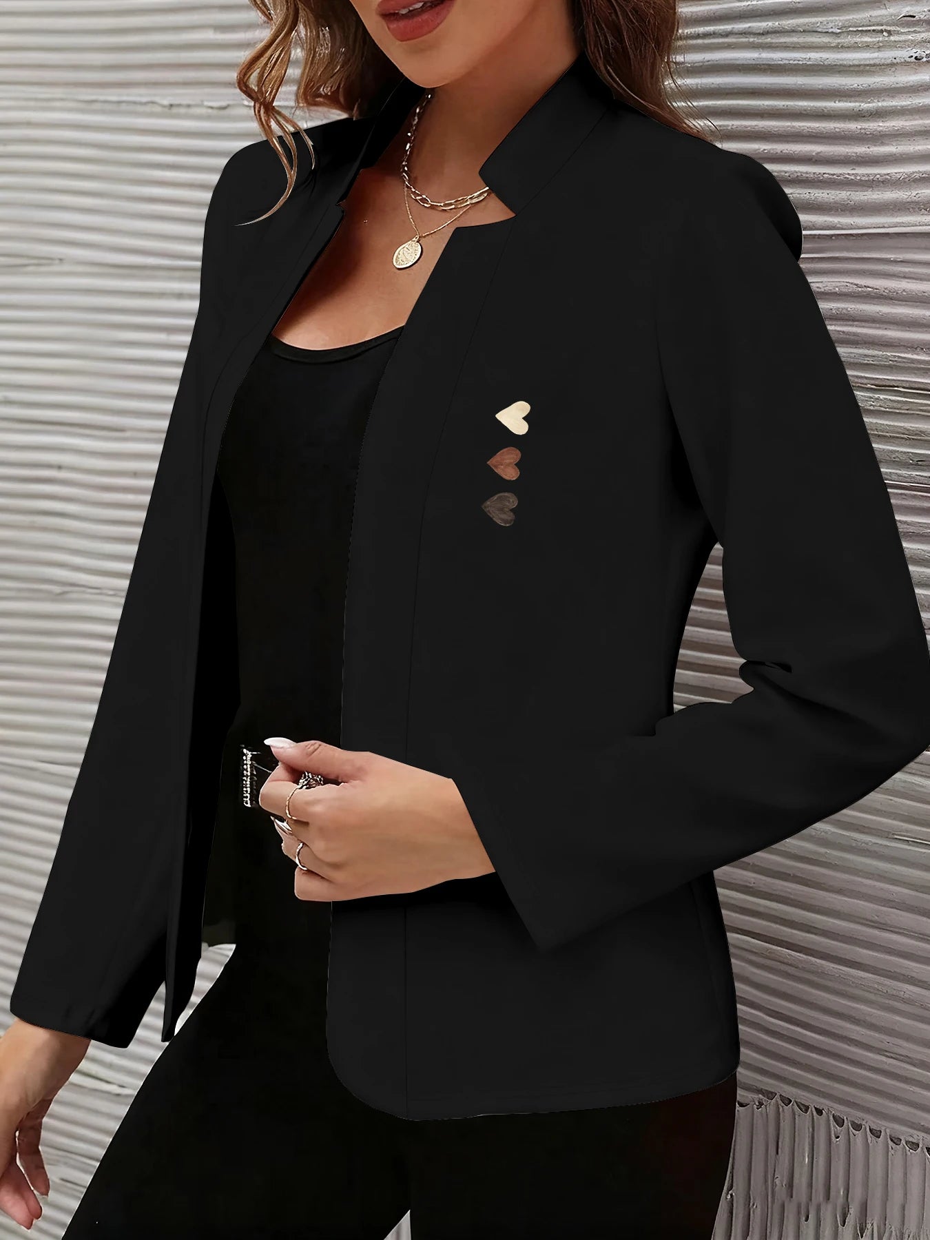 Fresh and Heartwarming Patterned Long-Sleeve Jacket, Slim-Fit Blazer, Sweet and Elegant for Commuting, Age-Reducing, Casual Stand-Collar Open-Front Blazer for Spring and Autumn, Suitable for Workplace, Office, Daily Outings,