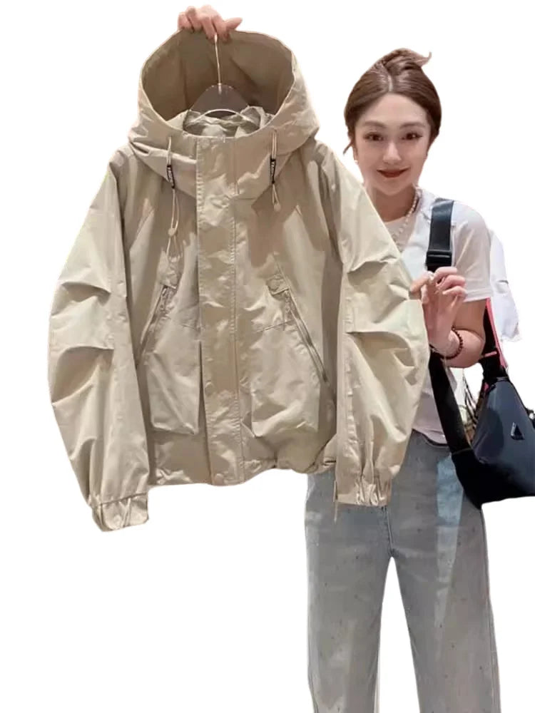 Stylish Women's Long Sleeve Hooded Jacket Spring Autumn Zipper Pocket Loose Baseball Style Windbreaker Outerwear Coat