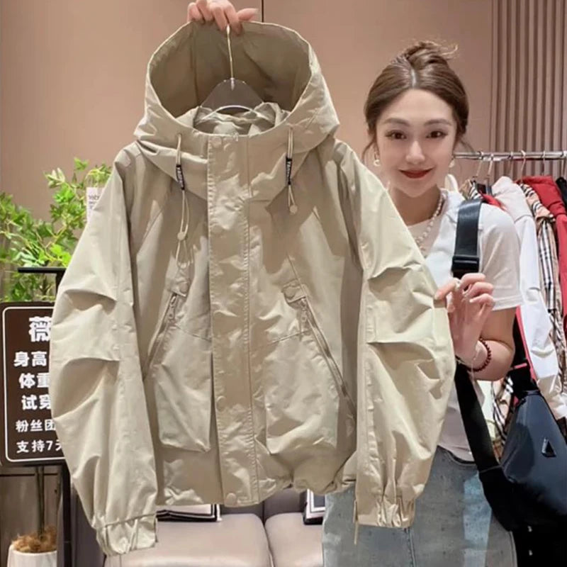 Stylish Women's Long Sleeve Hooded Jacket Spring Autumn Zipper Pocket Loose Baseball Style Windbreaker Outerwear Coat