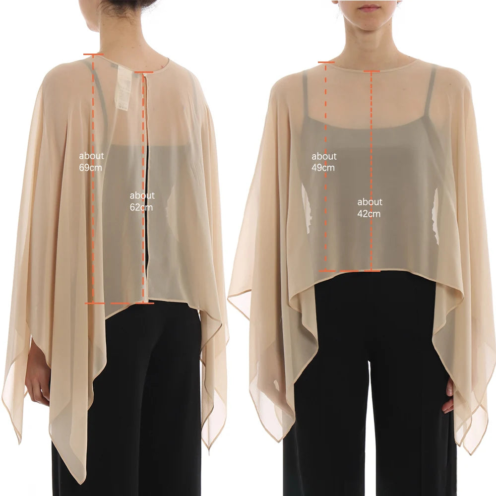 Women Black Chiffon Bolero Elegant Simple Soft Casual Cape Prom Party with Button Shrug for Lady Evening Dress Red Navy Shawl