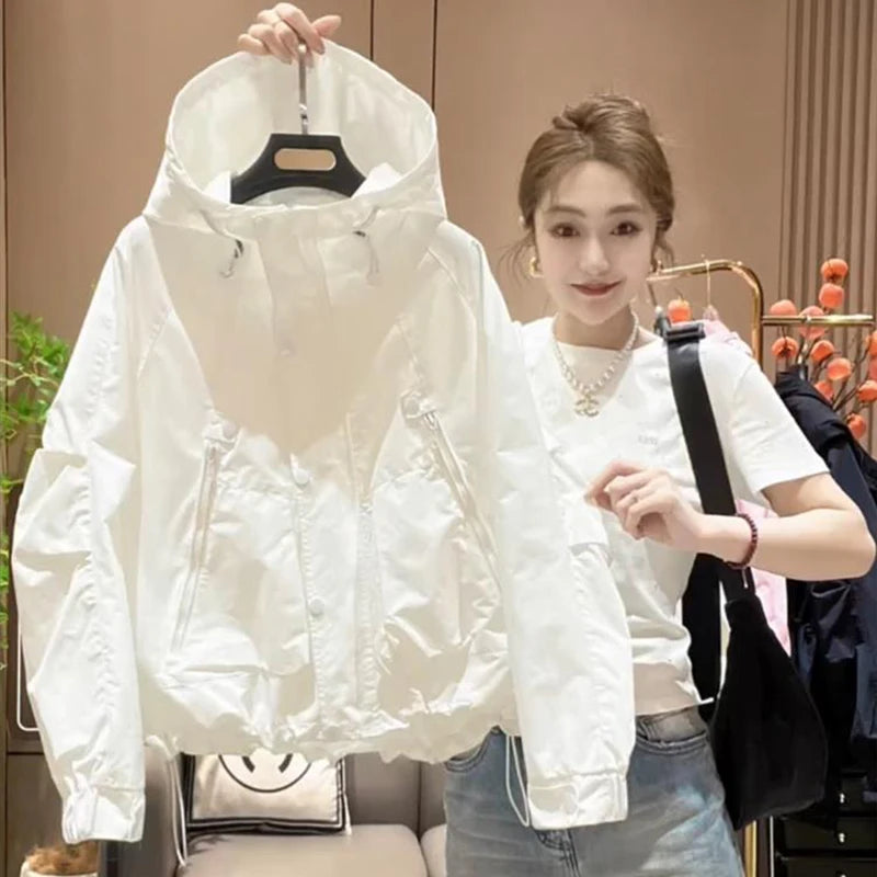 Stylish Women's Long Sleeve Hooded Jacket Spring Autumn Zipper Pocket Loose Baseball Style Windbreaker Outerwear Coat