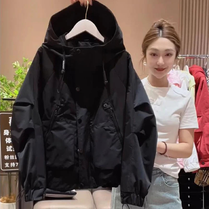 Stylish Women's Long Sleeve Hooded Jacket Spring Autumn Zipper Pocket Loose Baseball Style Windbreaker Outerwear Coat